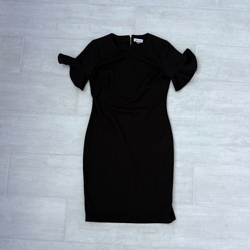 Calvin Klein Black Midi Dress Sheath Exposed Gold Zipper Ruffle Sleeves 8 LBD